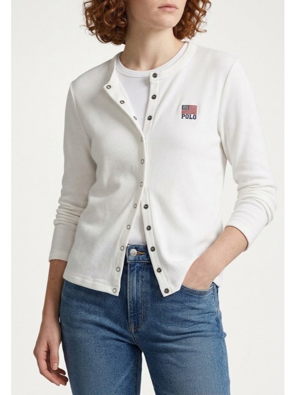 NWT Polo Ralph Lauren Logo Flag French Terry Cardigan in White Sweater S
